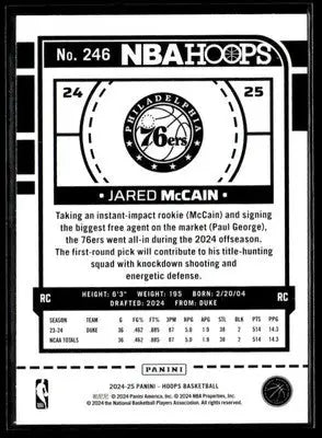 2024-25 Hoops #246 Jared McCain Base RC Philadelphia 76ers - Basketball Card Single