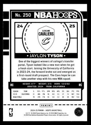 2024-25 Hoops #250 Jaylon Tyson Base RC Cleveland Cavaliers - Basketball Card Single