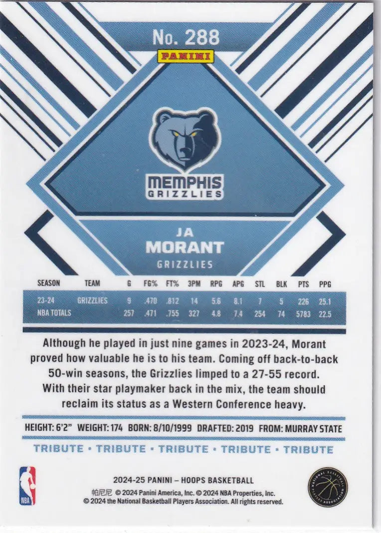 2024-25 HOOPS #288 JA MORANT TRIBUTE CHROME- MEMPHIS GRIZZLIES - Basketball Card Single