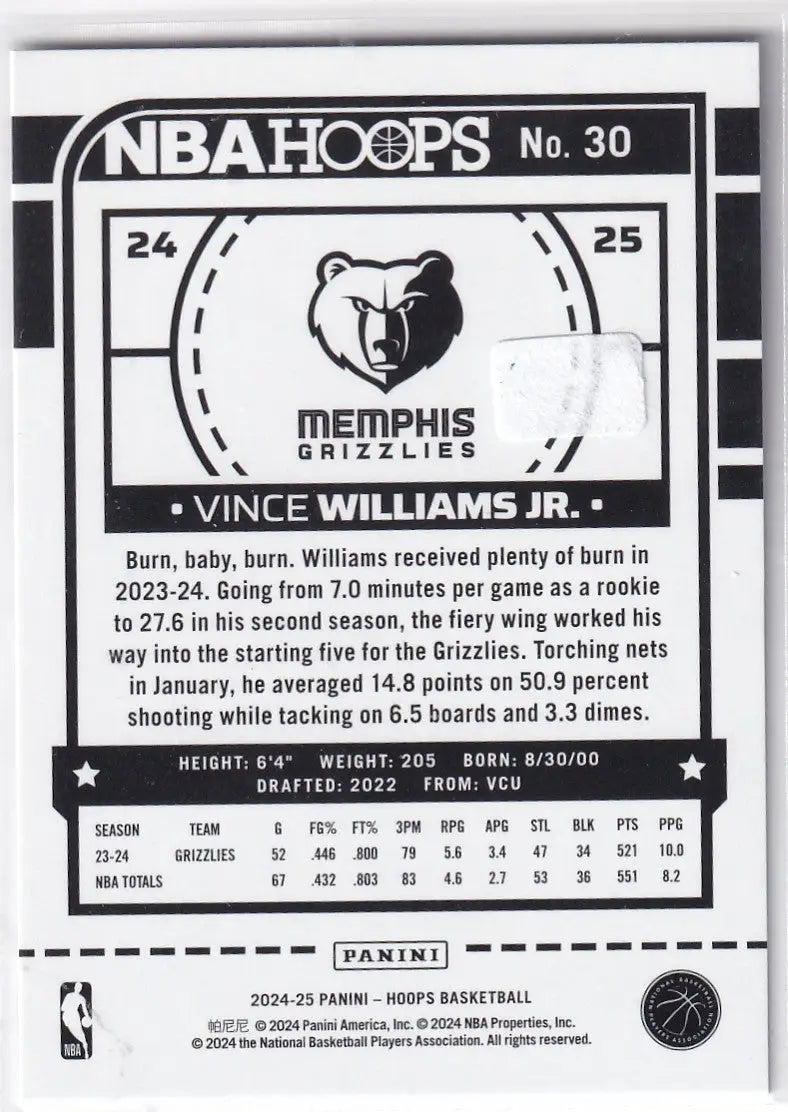 2024-25 HOOPS #30 VINCE WILLIAMS JR WHITE EXPLOSION 15/149- MEMPHIS GRIZZLIES - Basketball Card Single