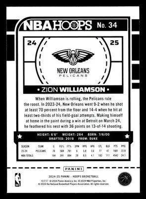 2024-25 Hoops #34 Zion Williamson - Basketball Card Single