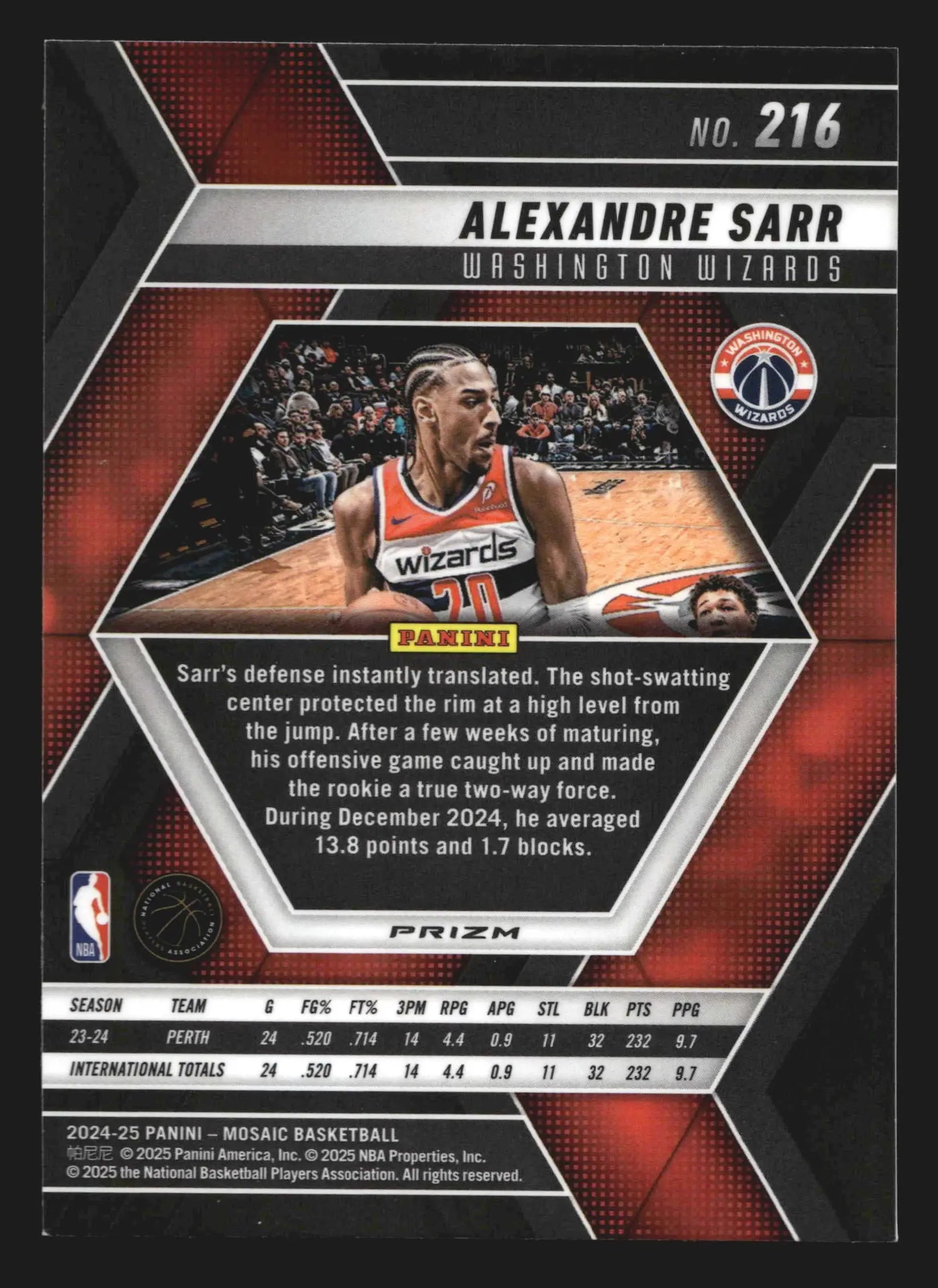 2024-25 Mosaic Alexandre Sarr #216 No Huddle Silver Prizm RC - Basketball Card Single