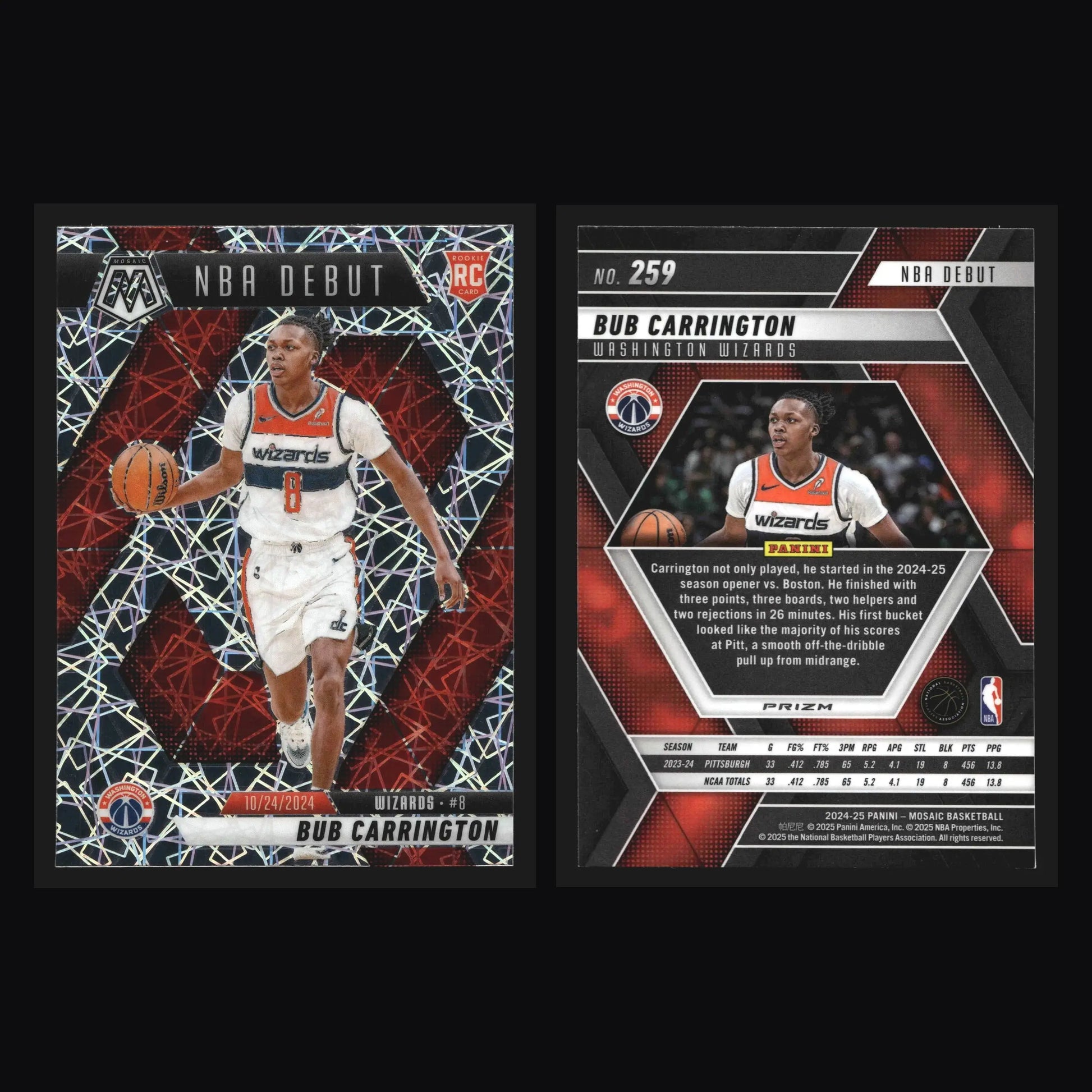 2024-25 Mosaic Bub Carrington #259 NBA Debut Premium Prizm RC Wizards - Basketball Card Single