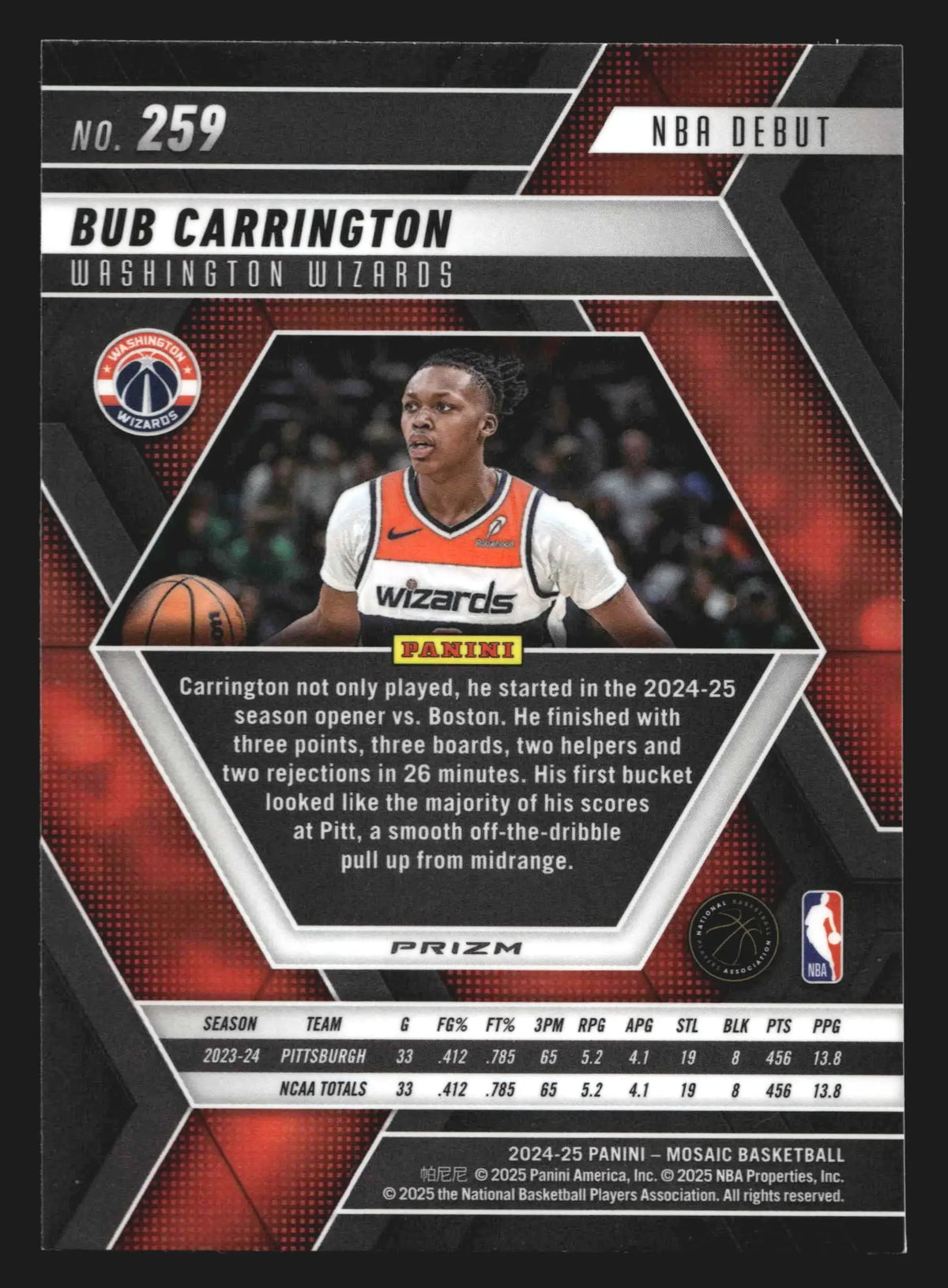 2024-25 Mosaic Bub Carrington #259 NBA Debut Premium Prizm RC Wizards - Basketball Card Single