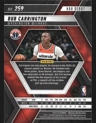 2024-25 Mosaic Bub Carrington #259 NBA Debut RC Wizards - Basketball Card Single
