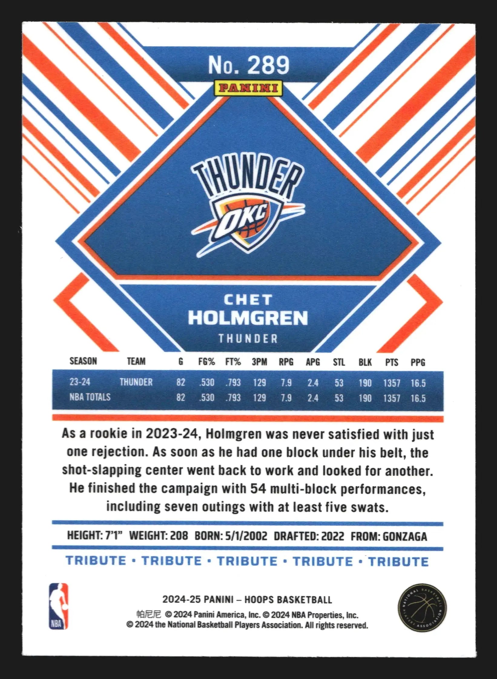 2024-25 NBA Hoops Tribute Chet Holmgren #289 Thunder - Basketball Card Single