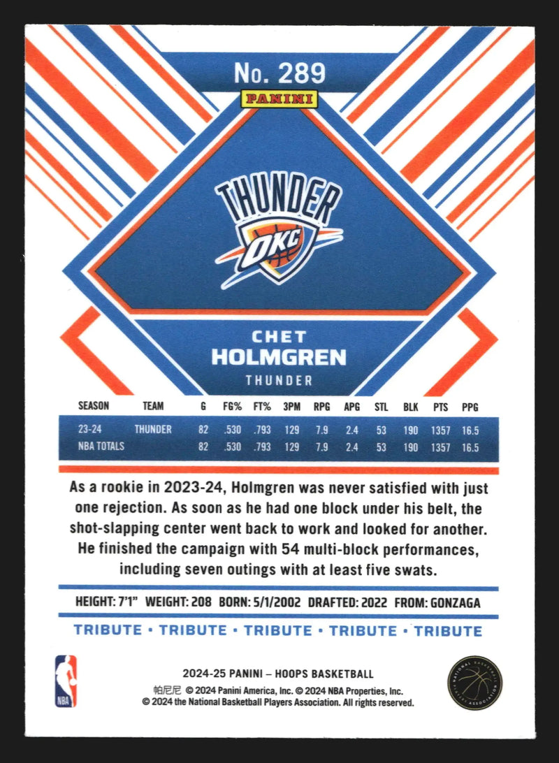 2024-25 NBA Hoops Tribute Chet Holmgren #289 Thunder - Basketball Card Single