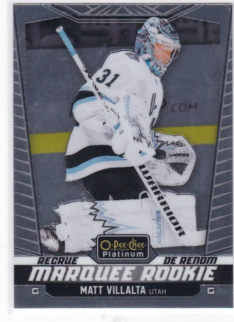 Hockey trading card featuring Matt Villalta Utah platinum marquee rookie goalie in black and white gear