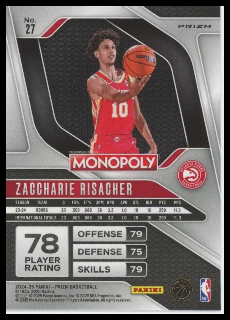 2024-25 Panin Prizm Monopoly Silver Zaccharie Risacher Rookie #27 Atlanta Hawks - Basketball Card Single