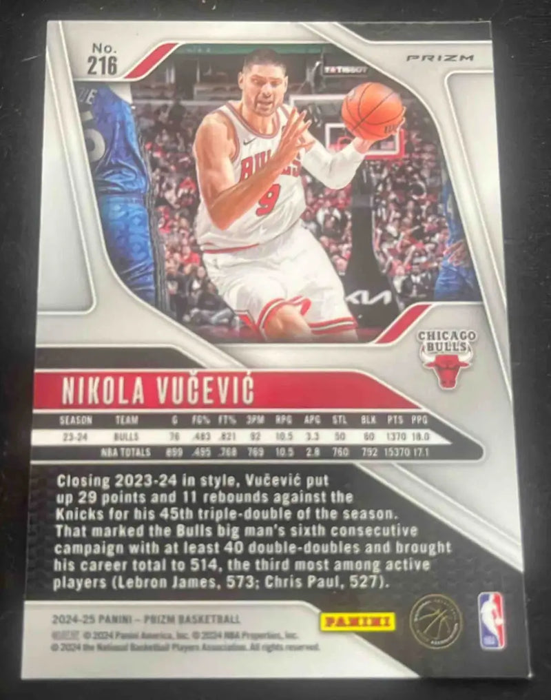 2024-25 Panini Basketball Prizm Nikola Vucevic Green #216 Chicago Bulls card with stats