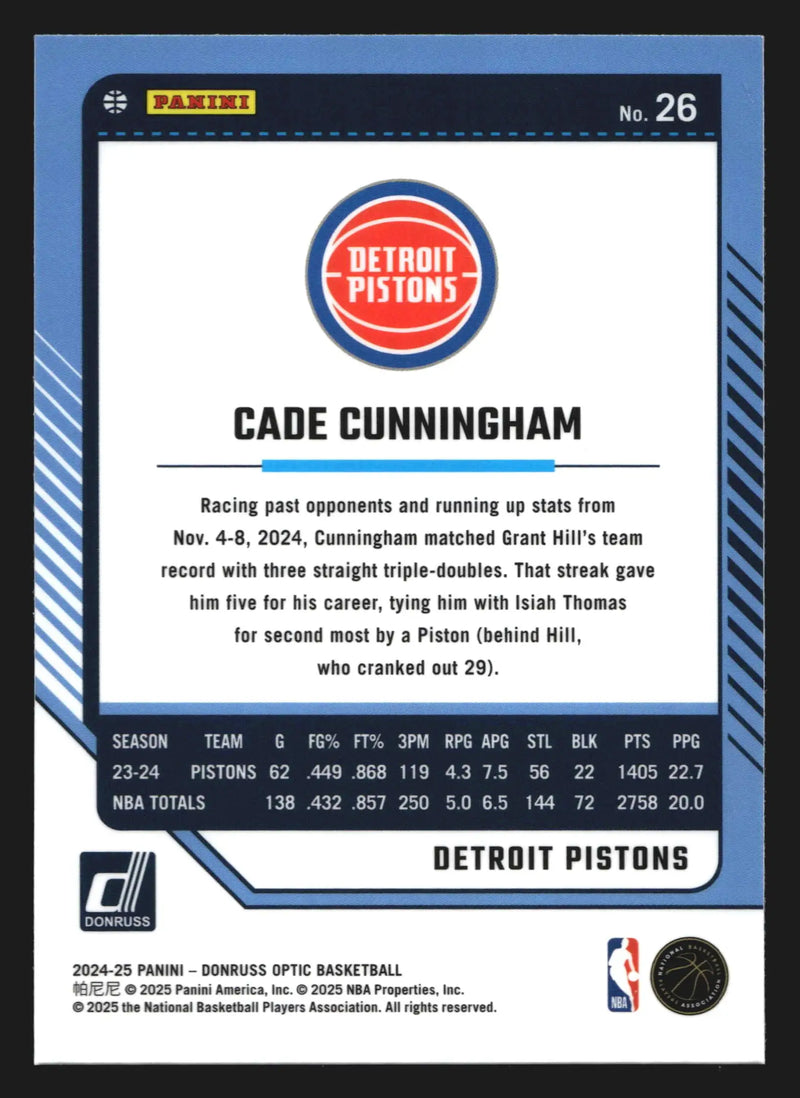 2024-25 Panini Donruss Optic Cade Cunningham #26 Detroit Pistons
