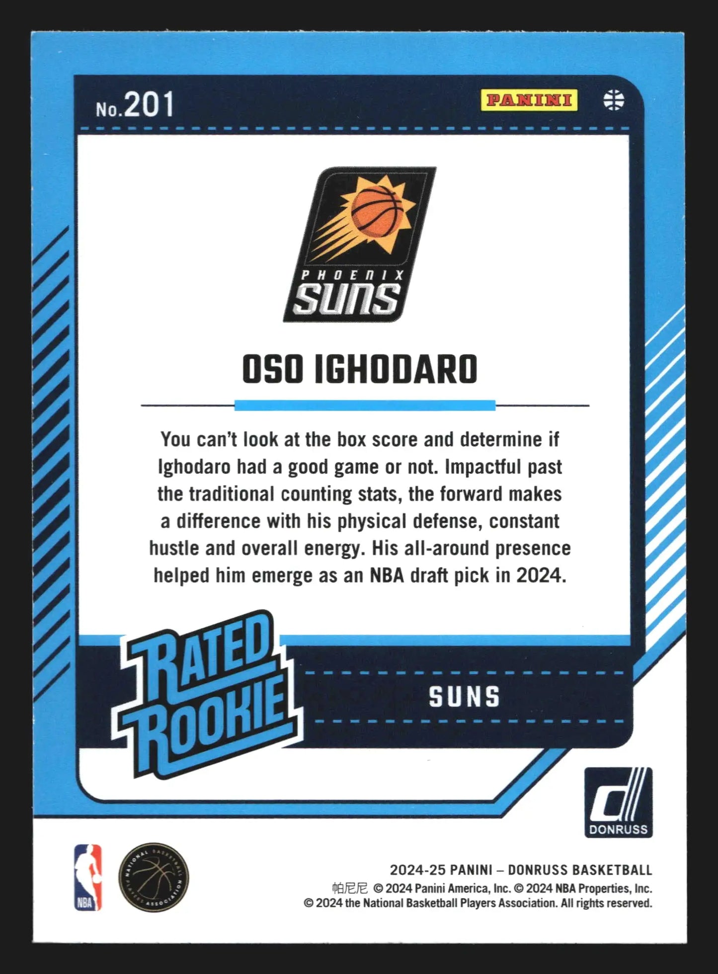 2024-25 Panini Donruss Oso Ighodaro #201 Rated Rookie Choice RC Suns - Basketball Card Single
