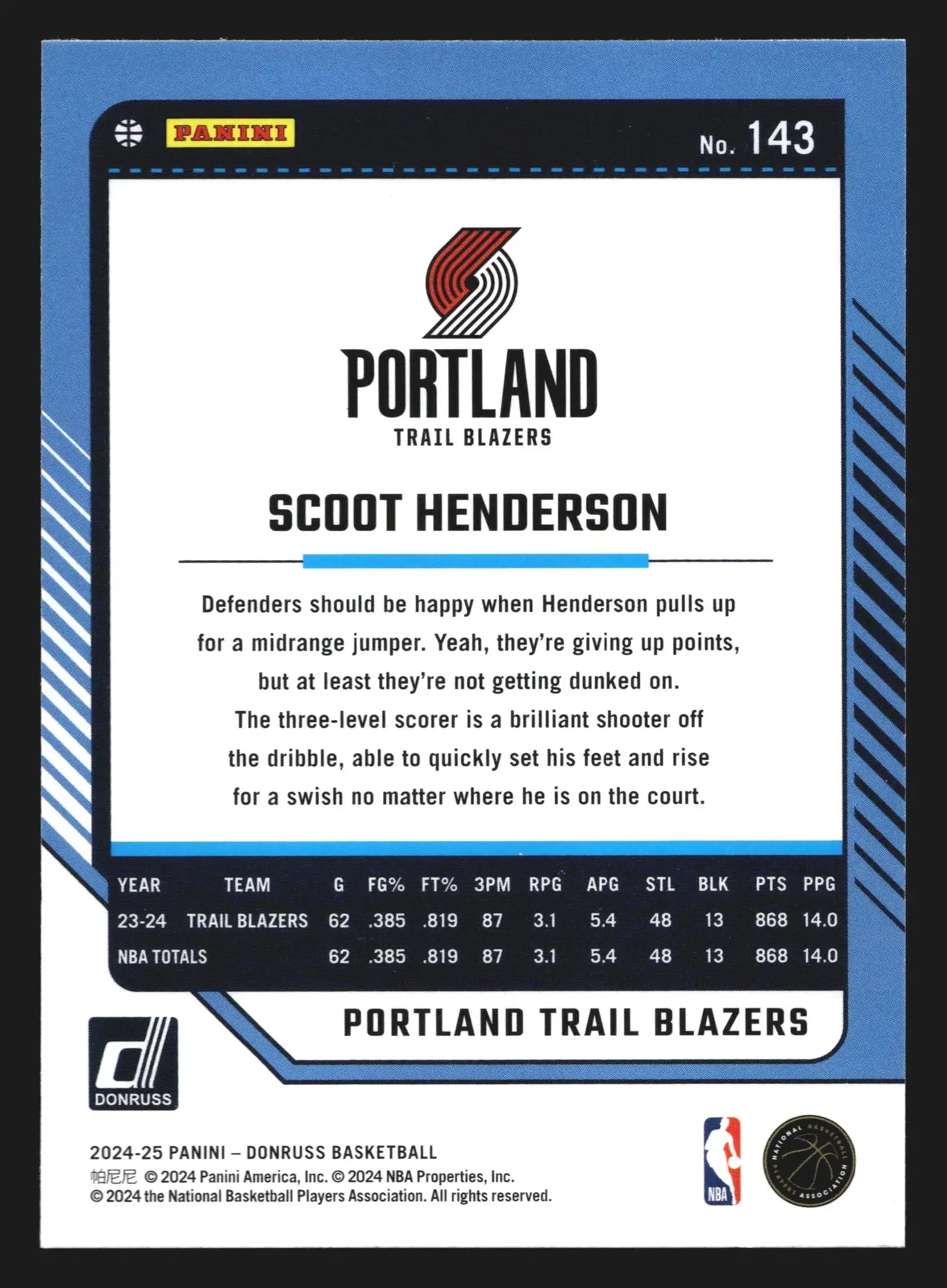 2024-25 Panini Donruss Scoot Henderson #143 Portland Trail Blazers - Basketball Card Single