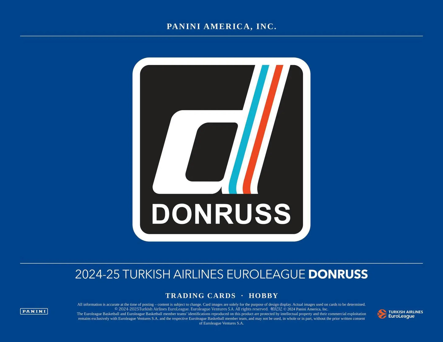 Blue and black EuroLeague Donruss trading card advertisement with purple laser accents in a Hobby Box