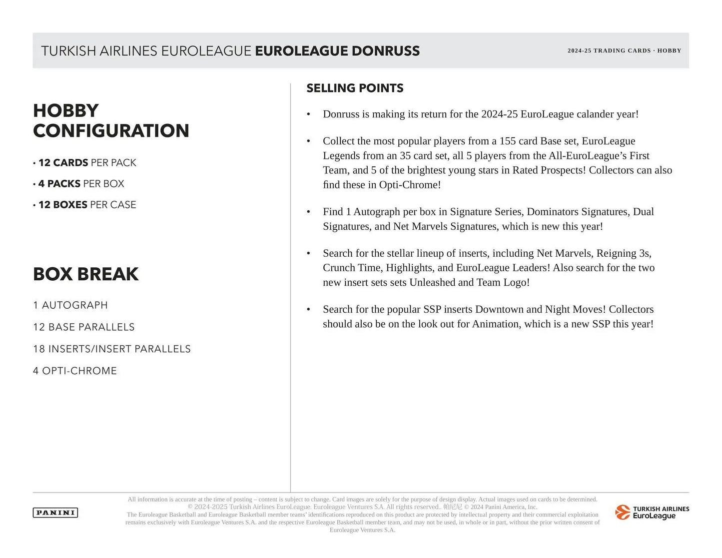 Product info sheet for 2024-25 Panini Donruss Turkish Airlines EuroLeague basketball hobby box featuring purple laser, black laser, and gold laser cards