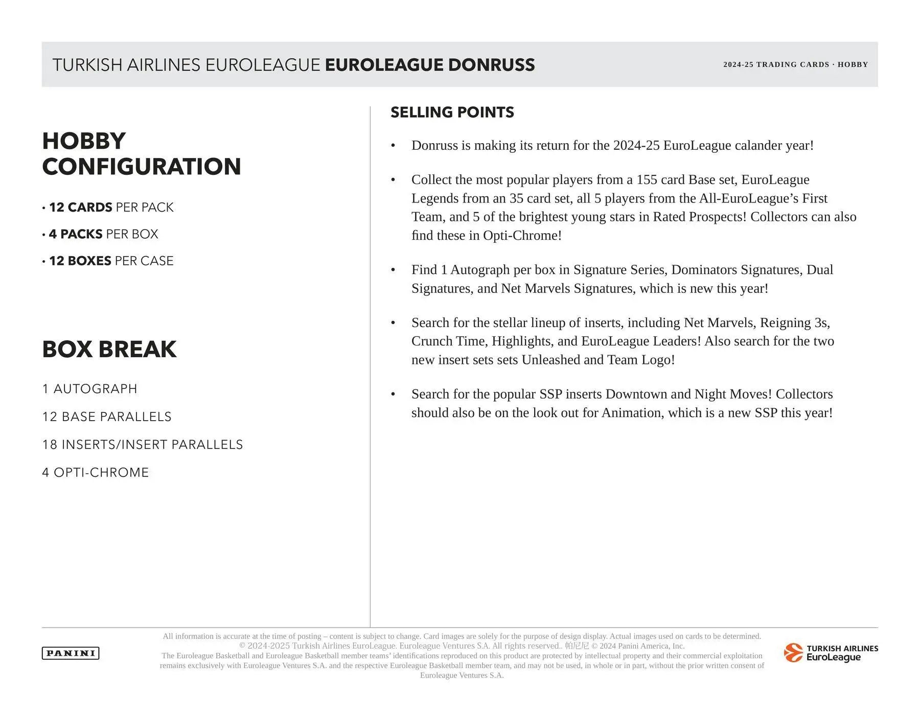 Product info sheet for 2024-25 Panini Donruss Turkish Airlines EuroLeague basketball hobby box featuring purple laser, black laser, and gold laser cards