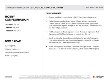 Product info sheet for 2024-25 Panini Donruss Turkish Airlines EuroLeague basketball hobby box featuring purple laser, black laser, and gold laser cards