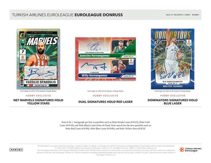 Turkish Airlines Euroleague Donruss trading cards with autographs, featuring purple laser accents