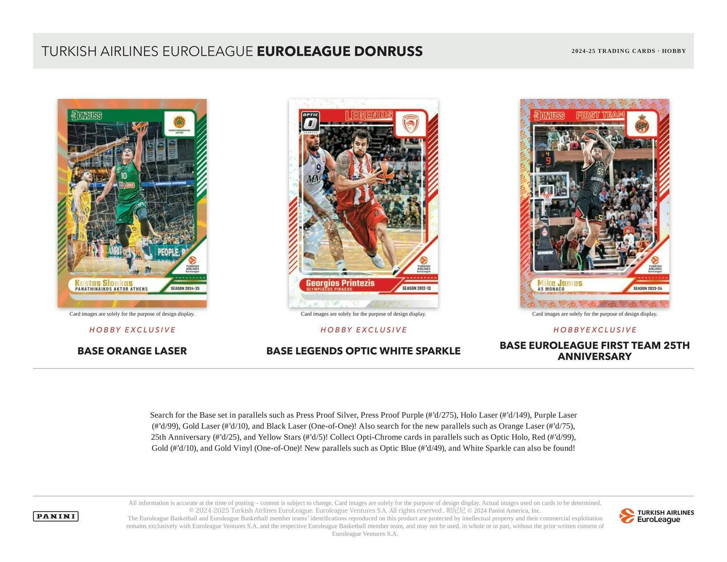 Promotional display of Turkish Airlines Euroleague Donruss basketball cards with purple laser, black laser, and gold laser designs in 2024-25 Panini Donruss Hobby Box