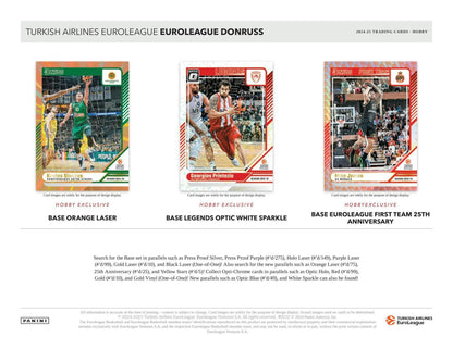 Promotional display of Turkish Airlines Euroleague Donruss basketball cards with purple laser, black laser, and gold laser designs in 2024-25 Panini Donruss Hobby Box