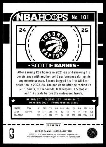2024-25 Panini Hoops #101 Scottie Barnes NM-MT Raptors ID:79162 - Basketball Card Single