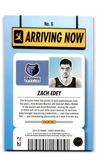 2024-25 Panini Hoops Arriving Now Winter Holo #6 Zach Edey NM-MT Grizzl ID:78052 - Basketball Card Single