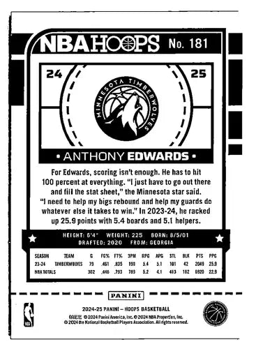 2024-25 Panini Hoops Winter #181 Anthony Edwards NM-MT Timberwolves ID: ID:78127 - Basketball Card Single