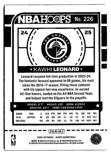 Original gloss Kawhi Leonard basketball card from Panini Hoops Winter 2024-25