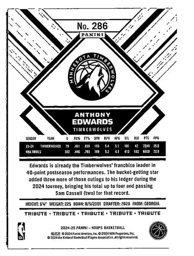 2024-25 Panini Hoops Winter #286 Anthony Edwards NM-MT Timberwolves Tri ID:78172 - Basketball Card Single