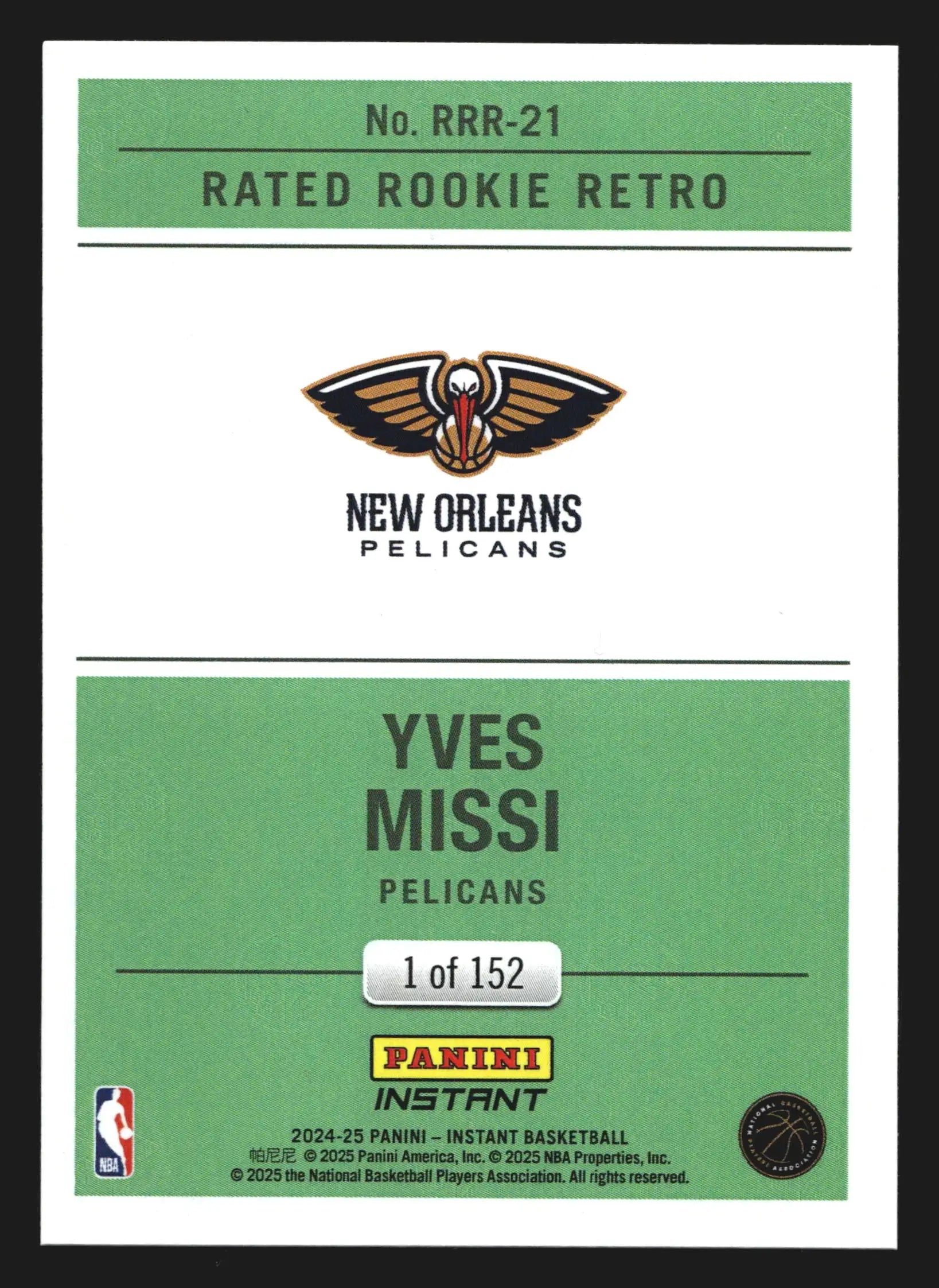 2024-25 Panini Instant Yves Missi #RRR-21 Rated Rookie Retro RC Pelicans