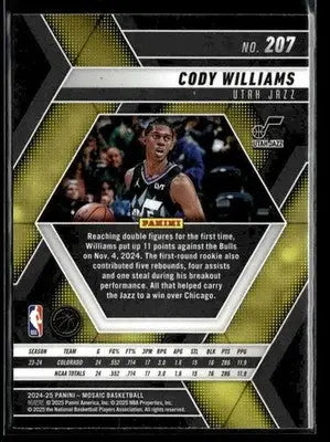 2024-25 Panini Mosaic #207 Cody Williams Base RC Utah Jazz - Basketball Card Single