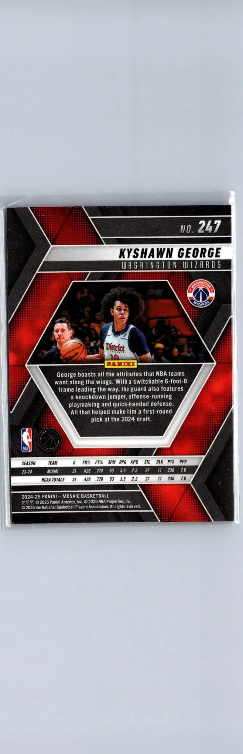 Back of a Kyshawn George Panini Mosaic basketball trading card 2024-25 series