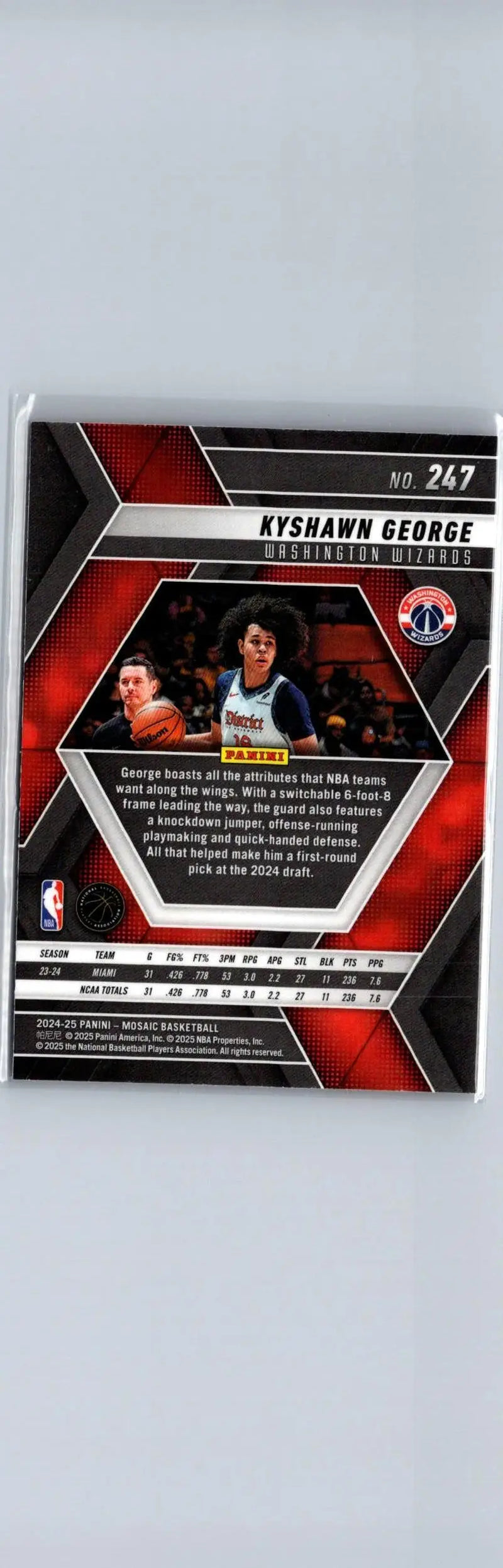Basketball trading card featuring Kyshawn George and statistics from Panini Mosaic 2024-25