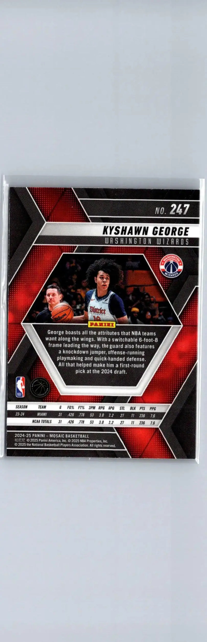 Collectible basketball trading card featuring Kyshawn George from 2024-25 Panini Mosaic