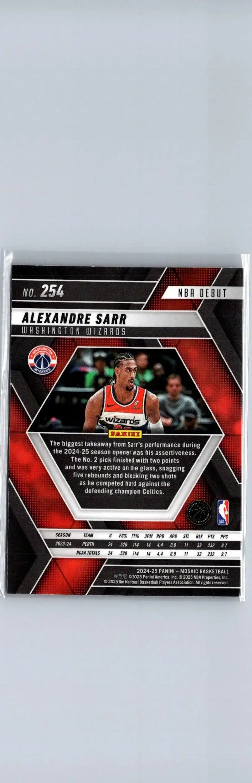 Panini Mosaic 2024-25 basketball trading card featuring Alexandre Sarr of the Washington Wizards