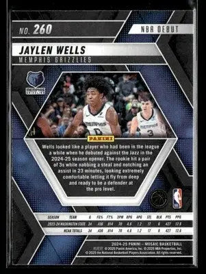 2024-25 Panini Mosaic #260 Jaylen Wells NBA Debut RC Memphis Grizzlies - Basketball Card Single