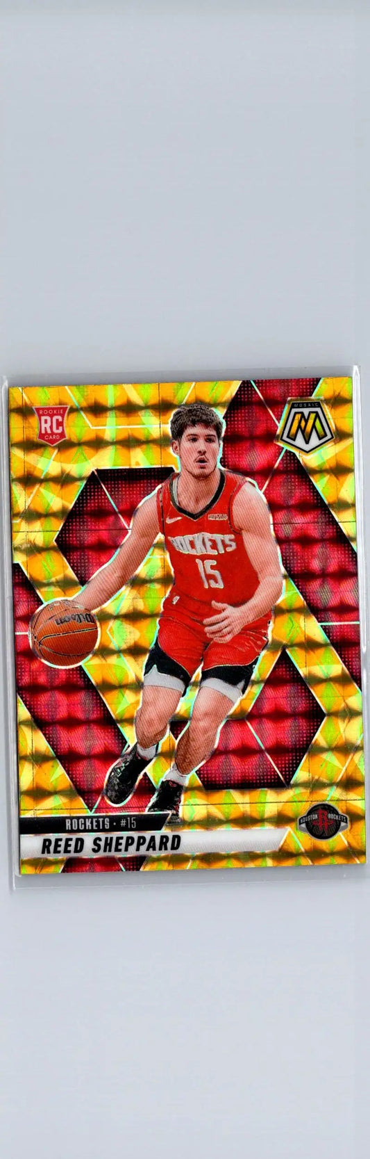 Basketball trading card featuring Reed Sheppard in a red Rockets jersey, Reed Sheppard Reactive Yellow Mosaic
