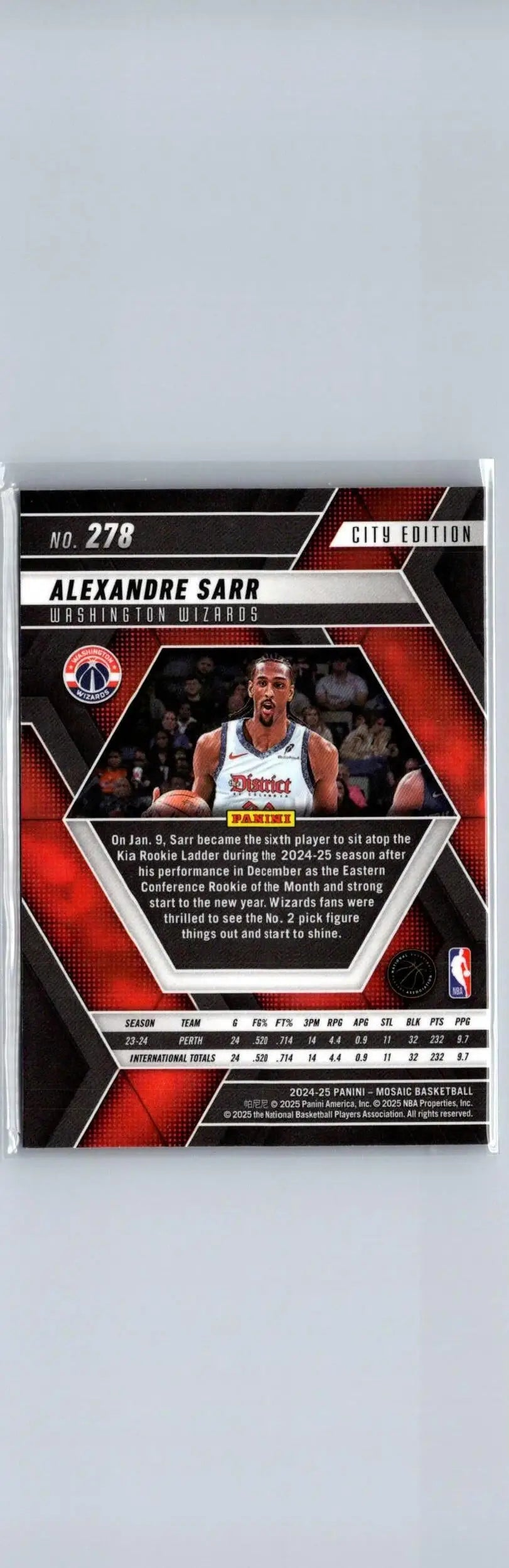Basketball trading card featuring Alexandre Sarr from 2024-25 Panini Mosaic series