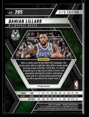 2024-25 Panini Mosaic #285 Damian Lillard Silver Prizm Milwaukee Bucks - Basketball Card Single