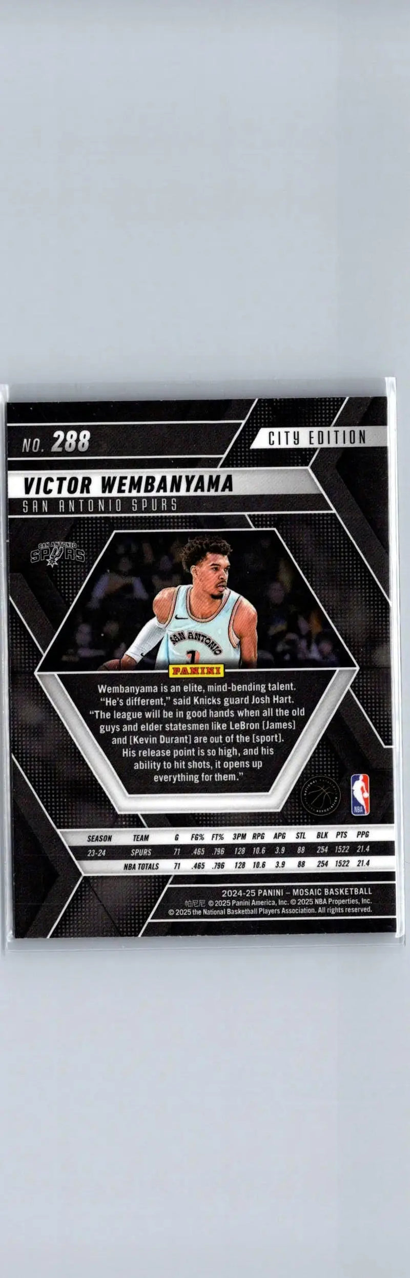 Collectible Victor Wembanyama basketball trading card from 2024-25 Panini Mosaic series