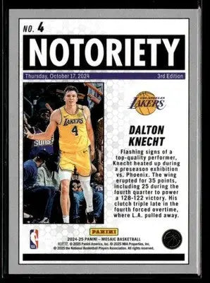 2024-25 Panini Mosaic #4 Dalton Knecht Notoriety - Basketball Card Single