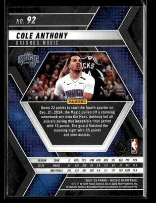 2024-25 Panini Mosaic #92 Cole Anthony - Basketball Card Single