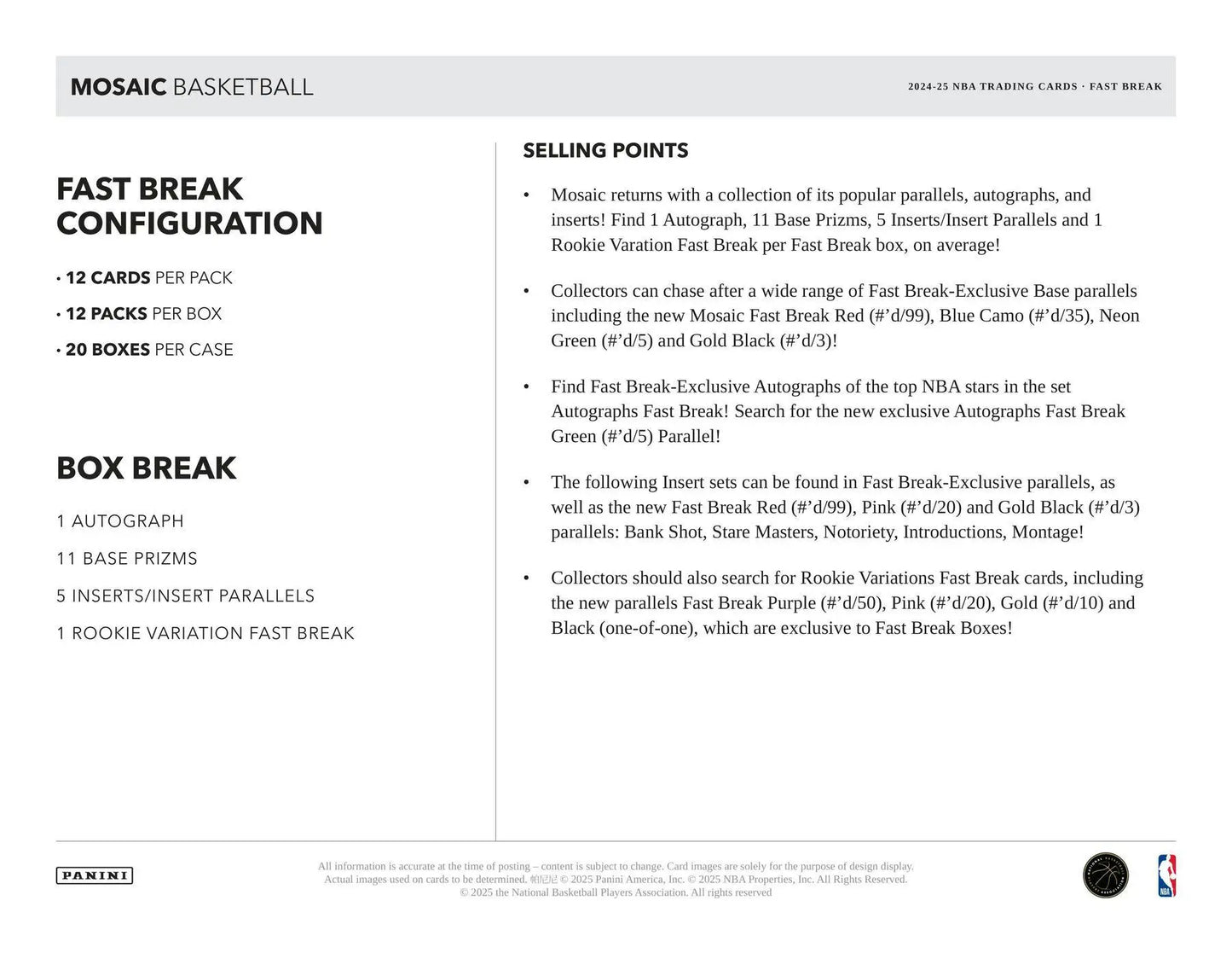 2024-25 Panini Mosaic Basketball Fast Break Box | Columbia Sports Cards - Sports Card Hobby Boxes