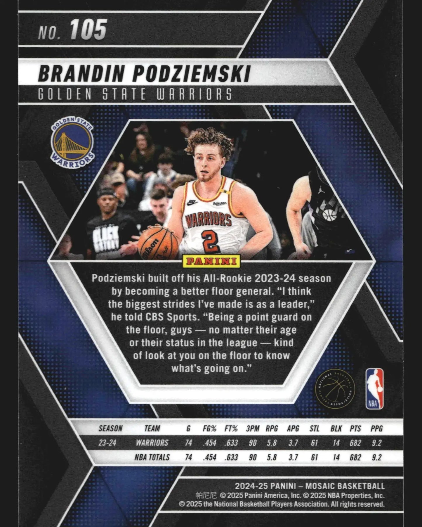 2024-25 Panini Mosaic Brandin Podziemski #105 Golden State Warriors - Basketball Card Single