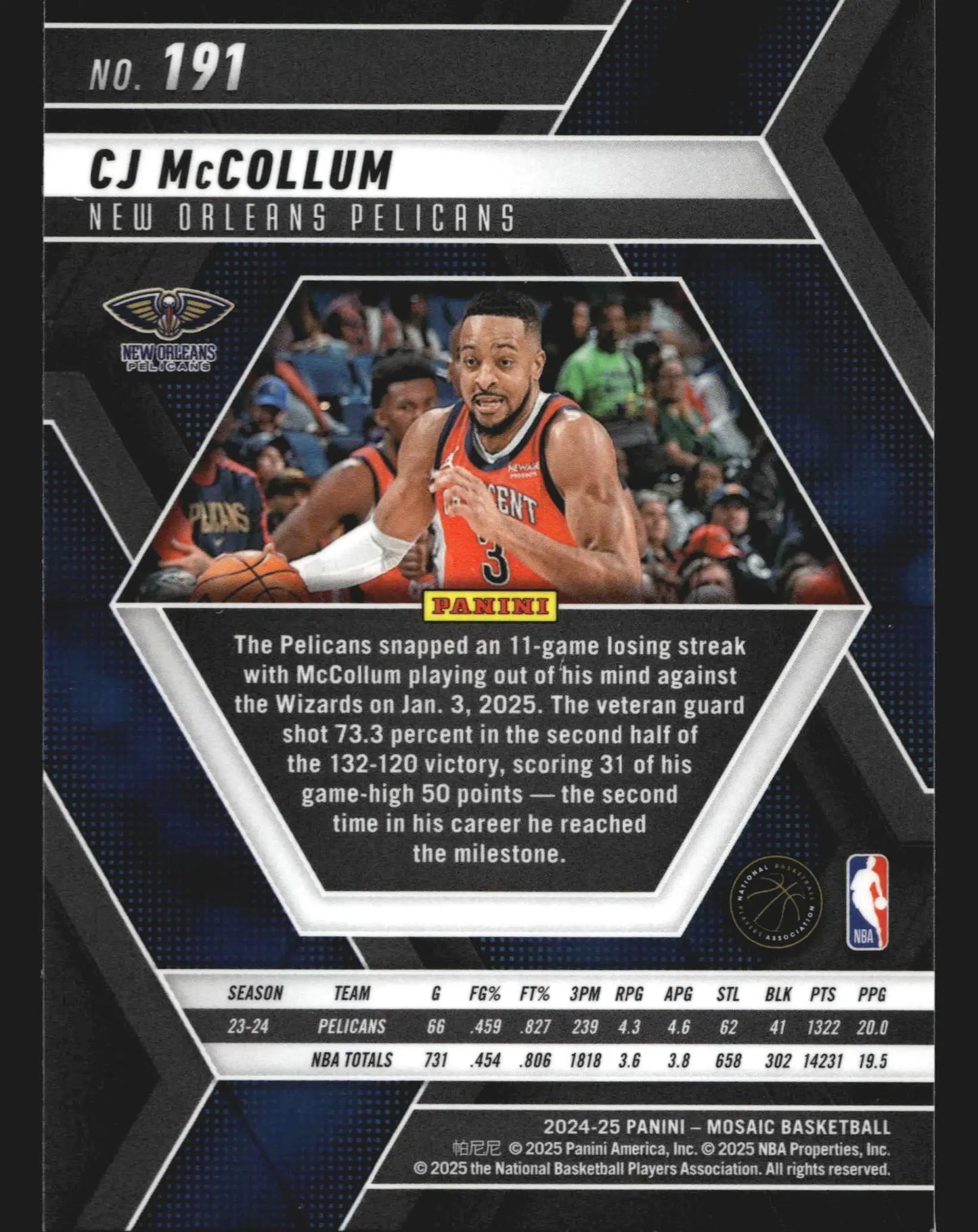 2024-25 Panini Mosaic CJ McCollum #191 New Orleans Pelicans