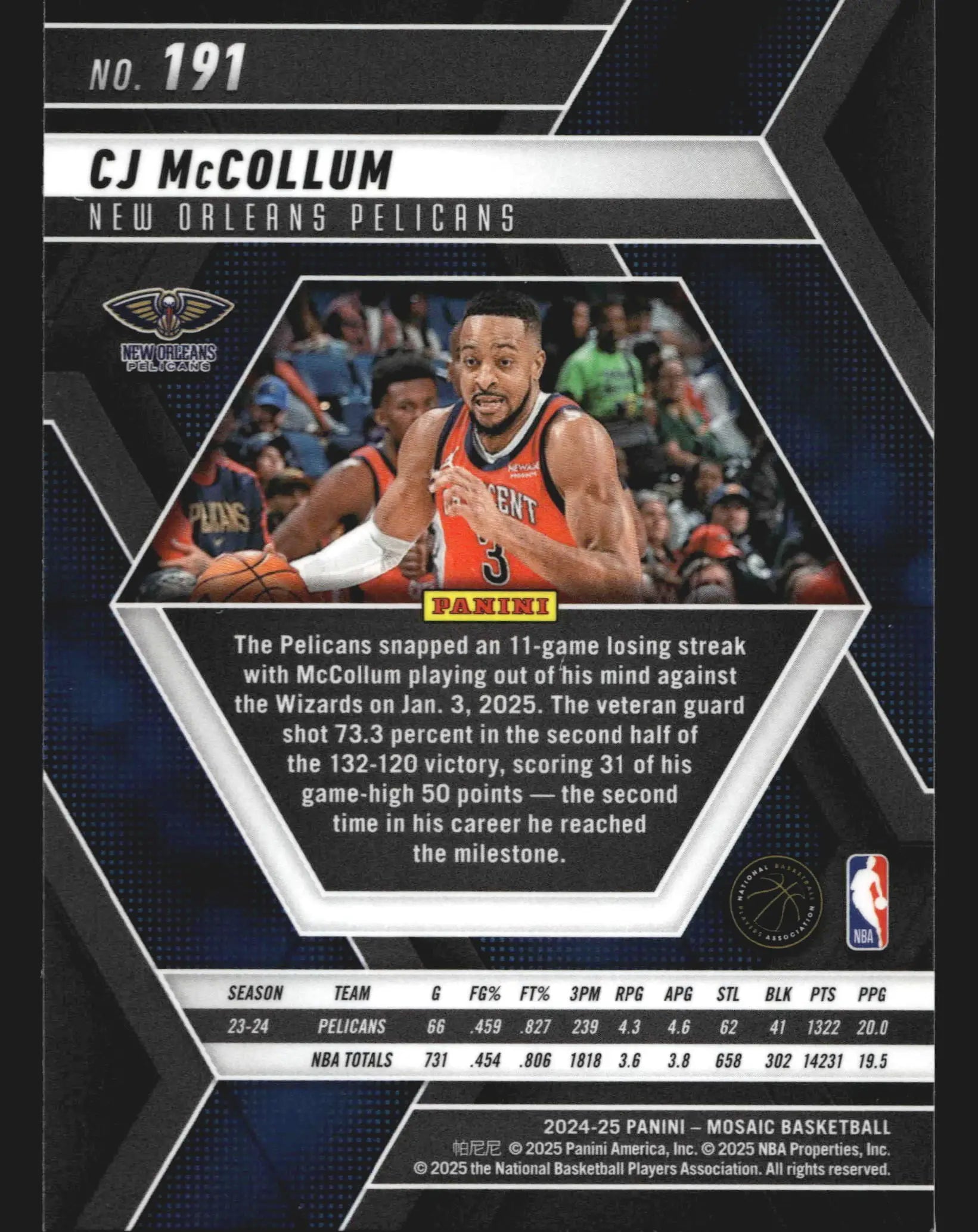 2024-25 Panini Mosaic CJ McCollum #191 New Orleans Pelicans
