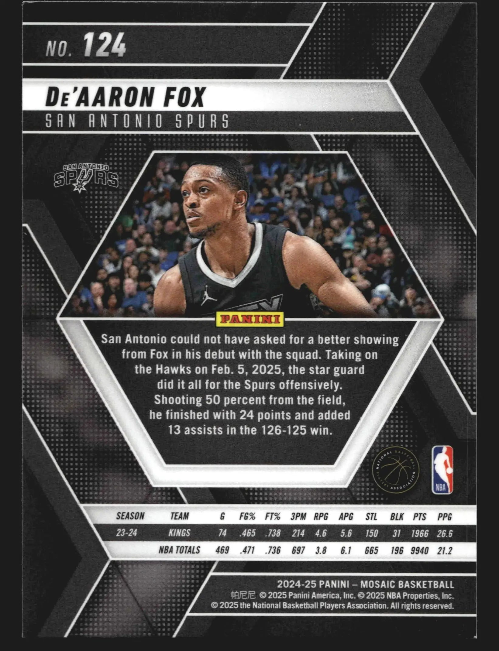 2024-25 Panini Mosaic De’Aaron Fox #124 San Antonio Spurs - Basketball Card Single