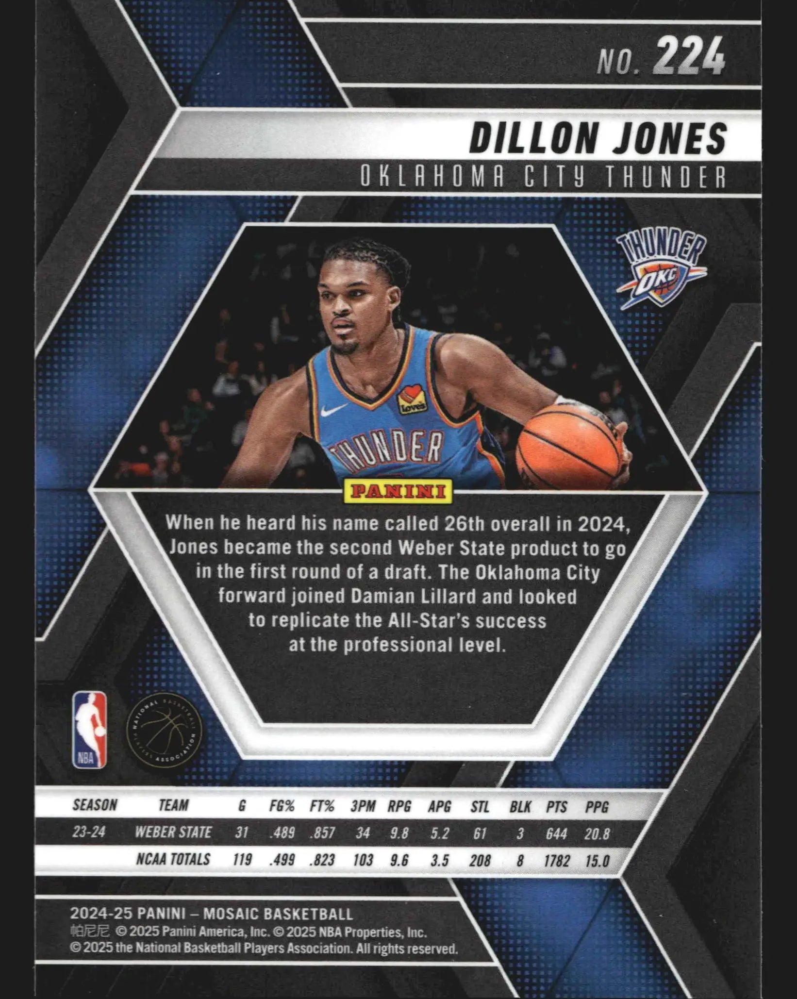 2024-25 Panini Mosaic Dillon Jones #224 Thunder RC - Basketball Card Single