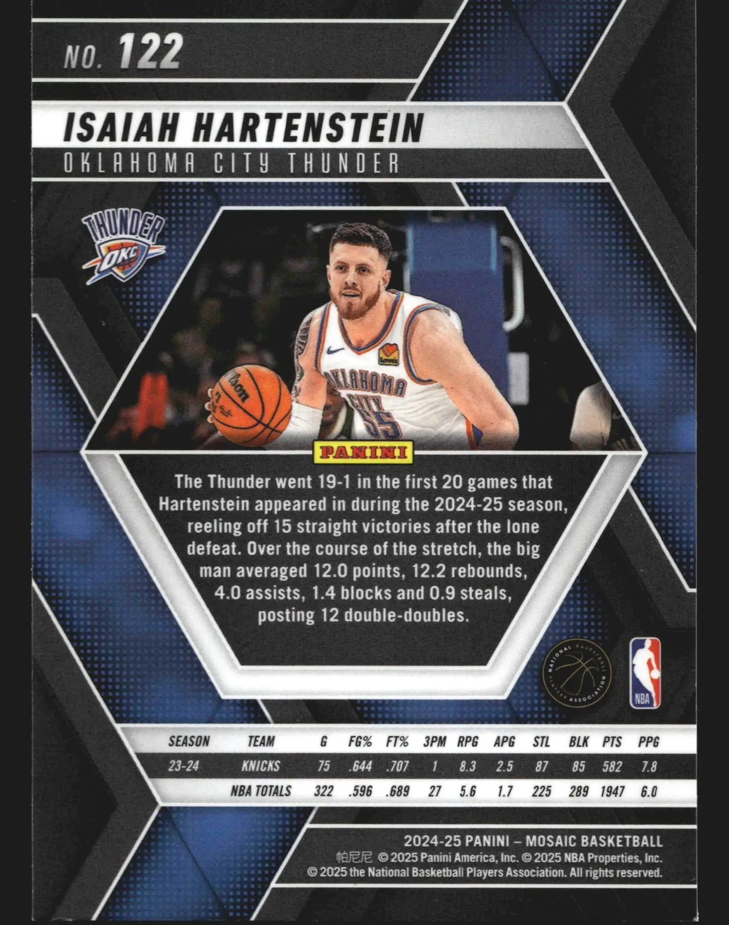 2024-25 Panini Mosaic Isaiah Hartenstein #122 Thunder - Basketball Card Single
