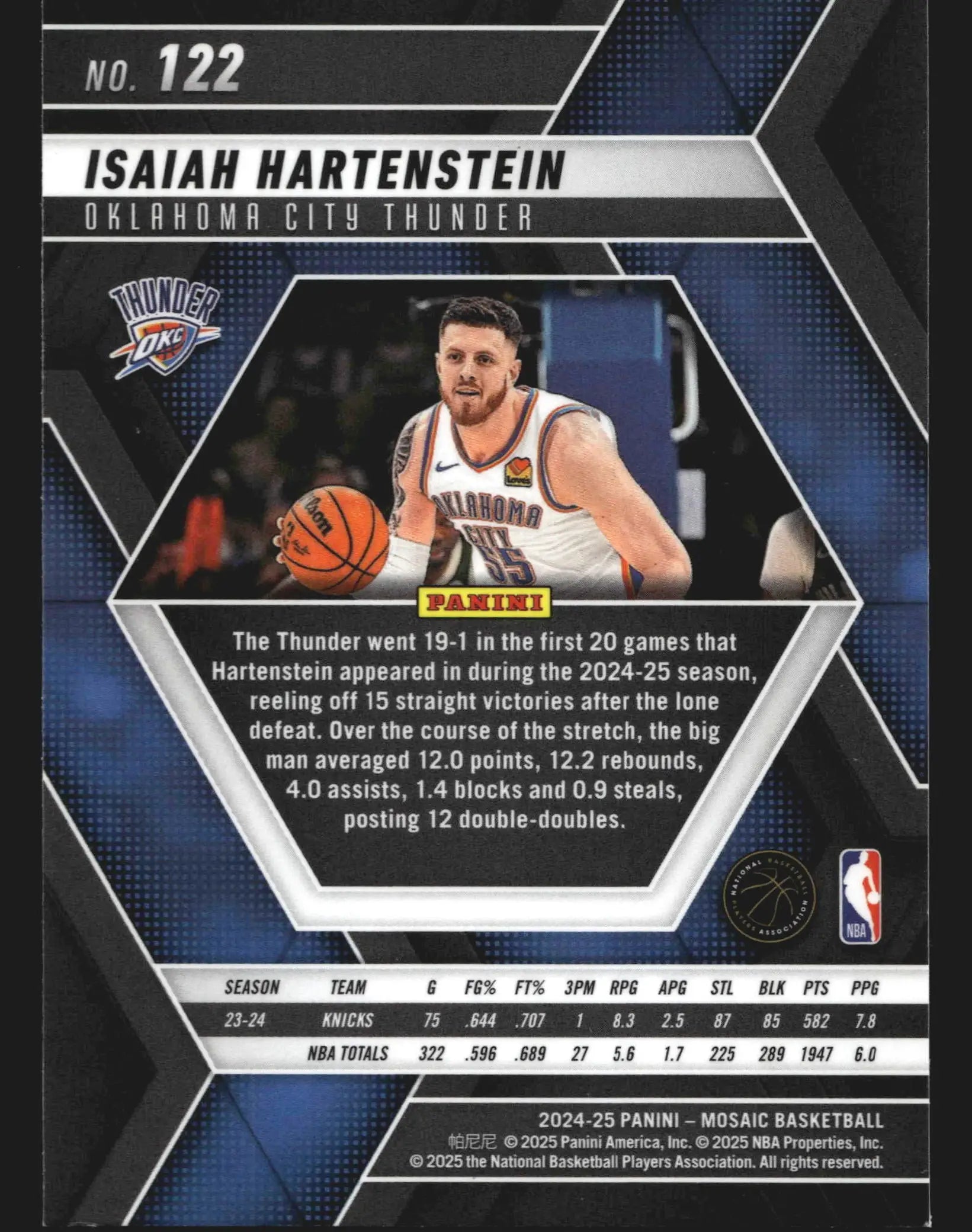2024-25 Panini Mosaic Isaiah Hartenstein #122 Thunder - Basketball Card Single